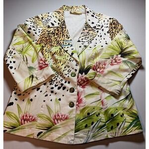 Impulse California Womens Blazer Jacket L Floral Leopard Print Rhinestone Button